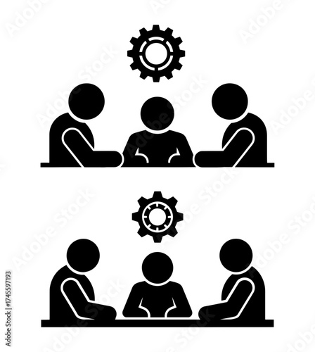Illustration of business meeting with gears, representing collaboration and problem solving