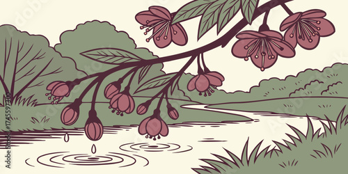 Delicate dark red blossoms dripping water into a calm pond,creating ripples in a serene natural garden sitting 