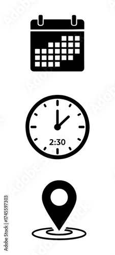 Vector art of calendar, clock, and location pin icons, representing time and place management