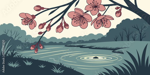 Delicate dark red blossoms dripping water into a calm pond,creating ripples in a serene natural garden sitting 