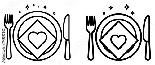 Vector art of two table settings with heart on napkin romantic dinner concept