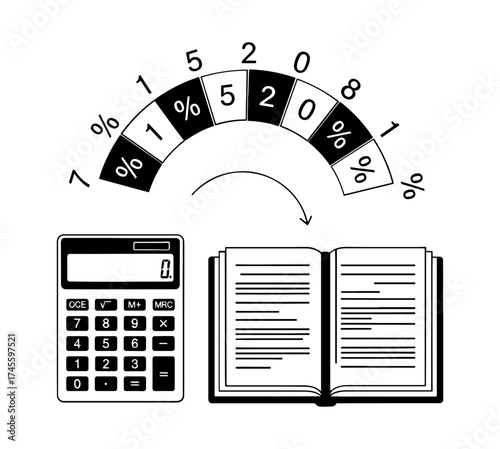Vector art of calculator, book, and interest rate dial concept of finance and accounting
