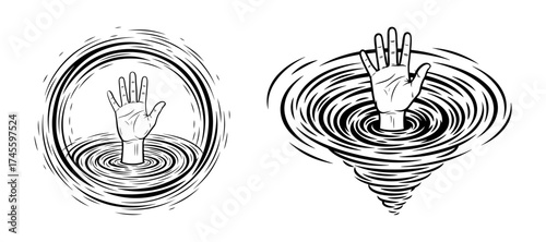 Vector art of hand reaching out of a whirlpool concept of drowning and desperation
