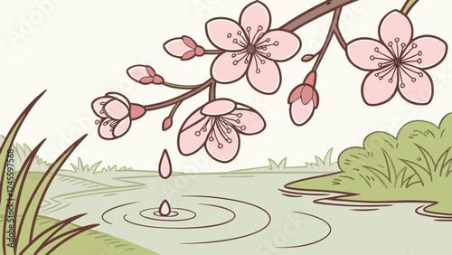 Delicate dark pink blossoms dripping water into a calm pond,creating ripples in a serene natural garden sitting 