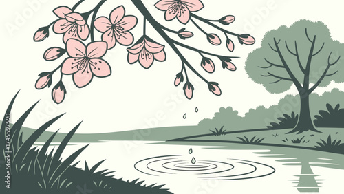 Delicate dark pink blossoms dripping water into a calm pond,creating ripples in a serene natural garden sitting 