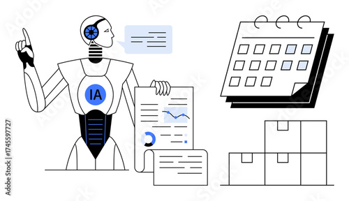 Robot using intelligent automation to analyze documents, track data, point at ideas, and organize schedules. Ideal for productivity, innovation, technology, time management, planning automation
