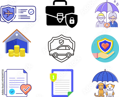 Insurance-related icons on display, featuring various visual representations of protection and security