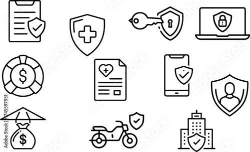 A collection of protective icons including a medical shield, a key, and a laptop