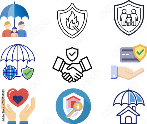 A collection of various insurance icons illustrating different types of coverage and protection concepts