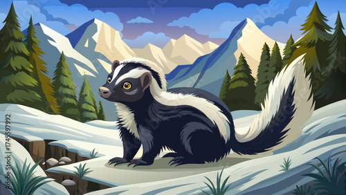 Beautiful Patagonia winter wildlife. Humboldt's hog-nosed skunk, Conepatus humboldtii, black and white fur coat animal. Skunk in nature winter habitat with snow, Laguna Sofia, Patagonia, Chile.