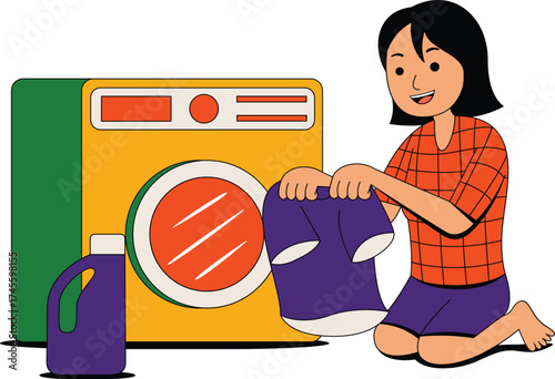 cartoon girl doing laundry at home illustration