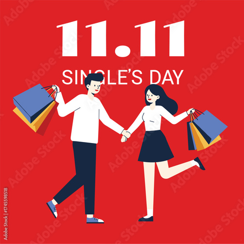 Vector of 11.11 Single day Poster or banner with product podium scene,gift box and shopping bag.11 november Single day sales banner template design for social media and website