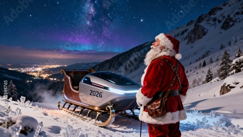 눈덮인산위의산타클로스와미래형썰매
