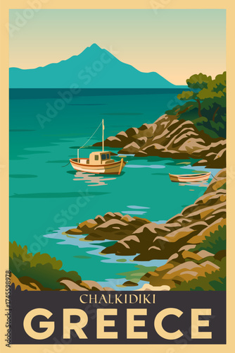 Poster Travel Greece Chalcidice coastline beach, bay, sailboat, resort, Aegean sea, vector illustration