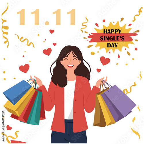 Vector of 11.11 Single day Poster or banner with product podium scene,gift box and shopping bag.11 november Single day sales banner template design for social media and website
