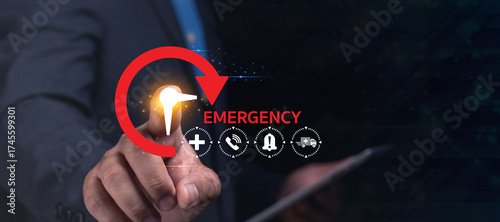 Tableau sur toile A hand interacts with a digital interface displaying emergency services and symbols, highlighting the importance of quick response in emergencies