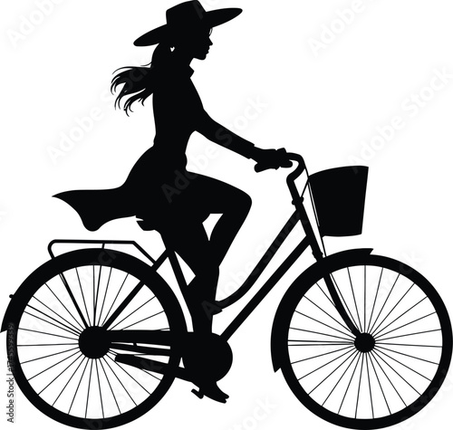 Silhouette of woman riding bicycle with hat and basket vector illustration on transparent background