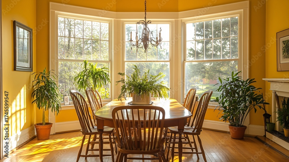 Obraz premium Dining room with wooden table chairs plants chandelier and large windows sunny yellow walls.