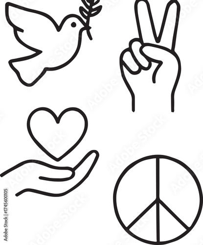 Peace and Love Icon Set – Black and White Vector

