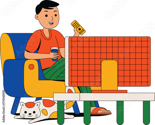 illustration of  man watching TV with cat
