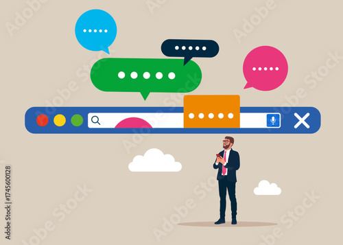 Speech bubbles on search bar. Connectivity, compatibility, and mobility. Discussion, conversation, meeting, team communication, colleague chatting, opinion. Vector flat illustration
