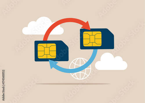 Data between two SIM cards, representing connectivity, compatibility, and mobility. Vector flat illustration