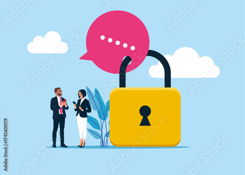 Blocking messages. Business team are blocked speech bubble lock with padlock. Connectivity, compatibility, and mobility. Discussion, conversation, meeting, team communication, colleague chatting.