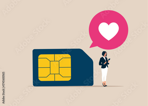 Woman with mobile sim card and hearts rate review in speech bubble. Mobile phone communication scheme. Microcircuit. Connectivity, compatibility, and mobility. Flat vector illustration