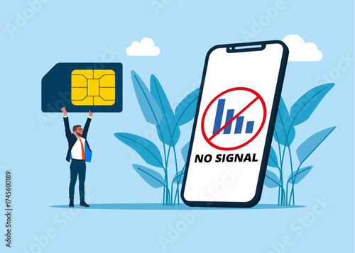 No signal. Businessman with mobile sim card, mobile phone communication scheme. Microcircuit. Connectivity, compatibility, and mobility. Flat vector illustration