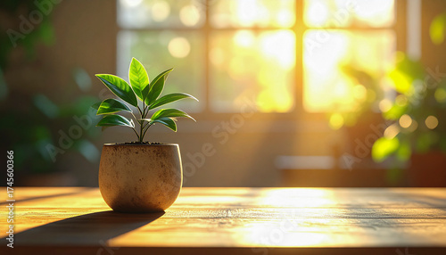Minimal desk plant in warm light for wellness at work backgrounds