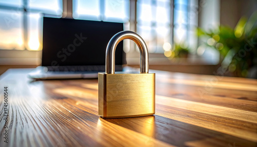 Padlock on desk with laptop bokeh for cybersecurity copy space