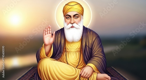 Guru nanak dev ji peaceful meditation serene spiritual figure with halo praying