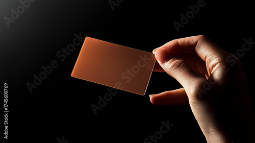 Hand holding a blank card. Copper toned, simple design. Dark background.
