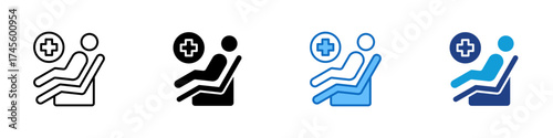 Patient Care Multiple Style Icon Design Vector - Patient lying on a hospital bed with medical cross, representing recovery and treatment