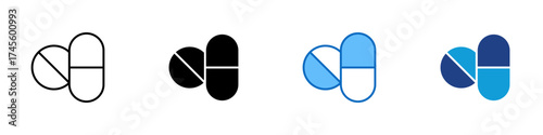 Medicine Pills Multiple Style Icon Design Vector - Pills and capsules, representing medicine, drug treatment, and pharmaceutical care