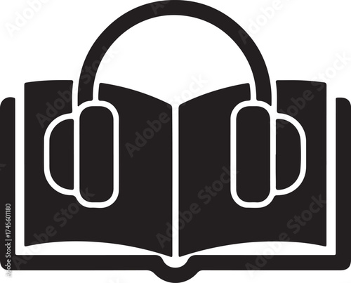 Audiobook learning icon with open book and headphones for education concept