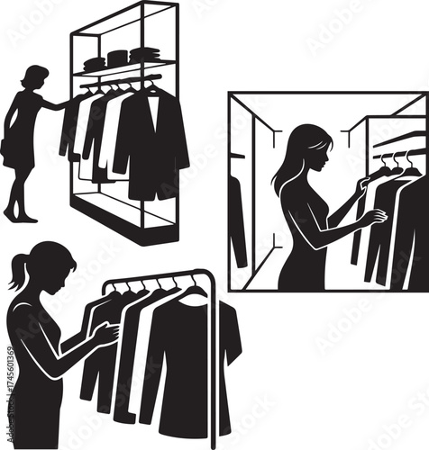 Women Shopping for Clothes in Fashion Boutique Silhouette