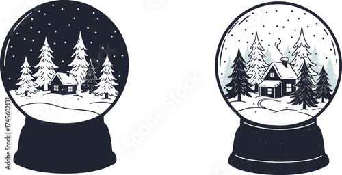 Flat vector illustration of two snow globes with winter cabin scenes, falling snow, pine trees, holiday decoration, seasonal festive design