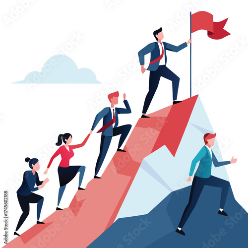 Business Characters Team Climbing at Mountain Peak Holding Hands Following Leader with Red Flag. Business People Teamwork, Leadership, Investment Growth, Way to Success. Cartoon Vector Illustration