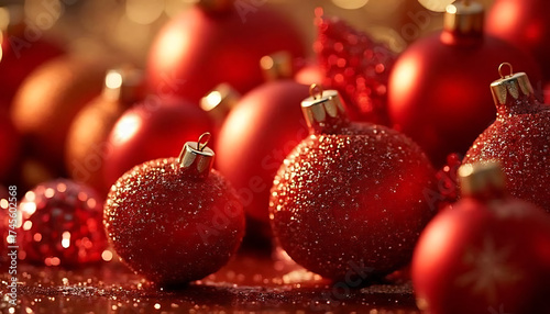 Red Christmas Baubles Close-Up, Festive Holiday Decor, Shiny and Glittery Ornaments, Warm Golden Lighting, Holiday Celebration Scene