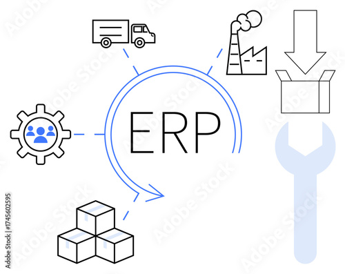 Gear, factory, truck, boxes, wrench, and export icons encircling ERP highlight key integration points in logistics, manufacturing, and inventory. Ideal for management planning operations business