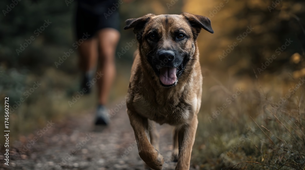 Obraz premium A happy dog runs ahead on a forest trail while a person jogs behind showcasing an active outdoor lifestyle