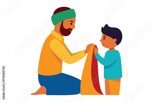 South Asian Father Teaching Son to Tie Turban Vector Illustration