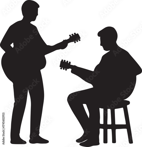 Silhouette Illustration of Two Musicians with Guitars Vector Illustration