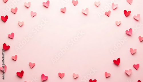 Paper hearts frame, pink and red tones, love and romance concept, with copy space