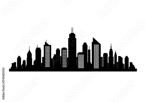 A black silhouette of a modern city skyline with various skyscrapers and towers on a white background.