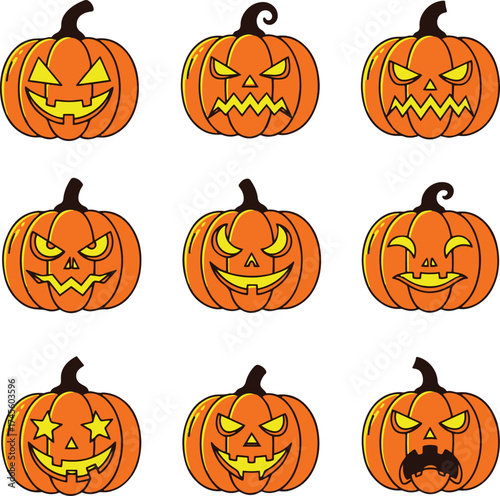  This compilation presents a grid of nine distinct pixel-art pumpkins, each meticulously carved with a unique, glowing face. 