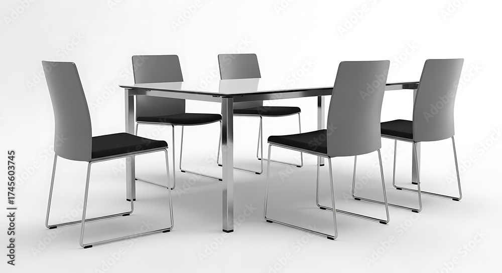 Fototapeta premium Modern glass top dining table with six grey upholstered chairs isolated on white background