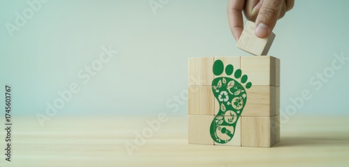 Ecological Footprint: A mindful hand adds a piece to a wooden block, revealing a green footprint icon with eco symbols, representing sustainable living, and environmental responsibility.