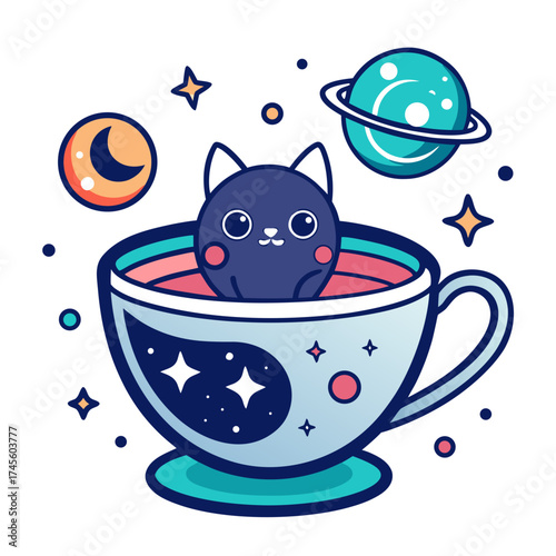 Whimsical vector art teacup with cosmic cat and planets cute illustration scalable svg isolated on white background